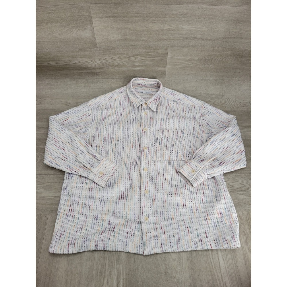 Zara Men's Textured Boucle Button Up Shirt Multicolor Space Dye Woven Size L